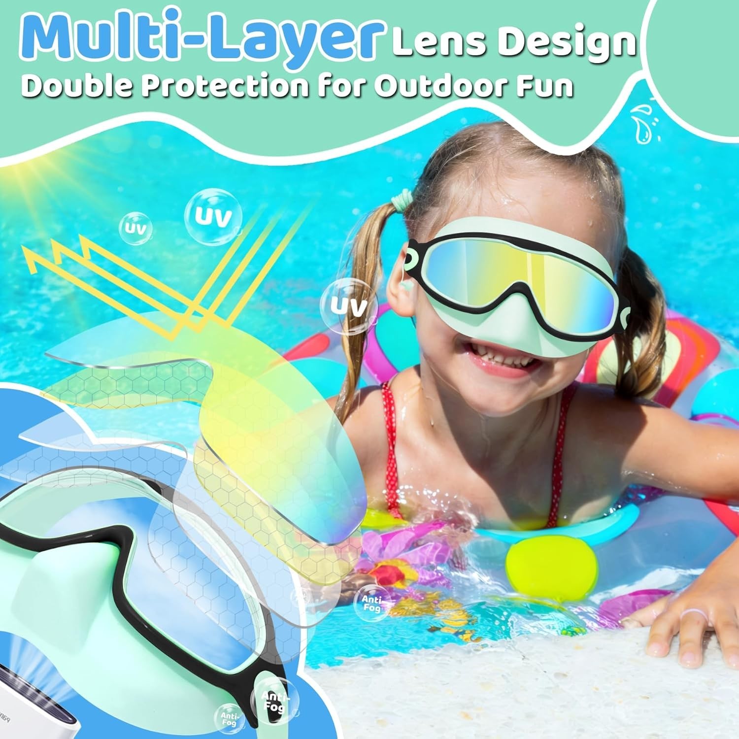 Kids Swim Goggles with Nose Cover & Attached Earplugs, Anti-Fog Wide View Swi…