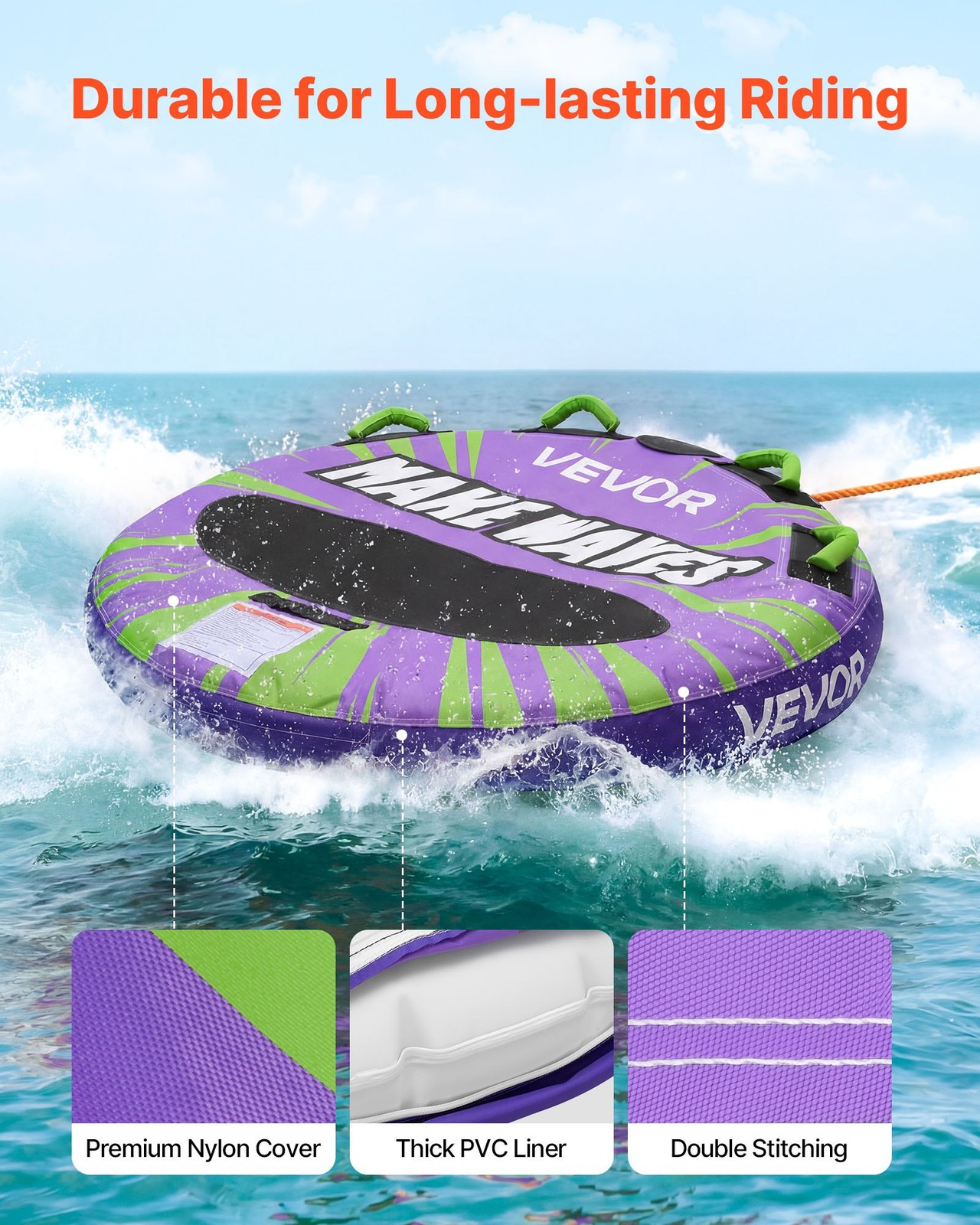 2 Person Towable Boat Tube Inflatable Water Sport Tube w/ Anti-Slip Pad Handles