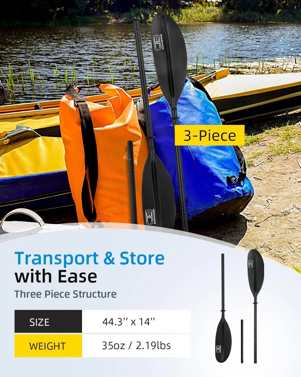 OCEANBROAD Adjustable Carbon Fiber Kayak Paddle 86in/220cm to 94in/240cm Kayakin