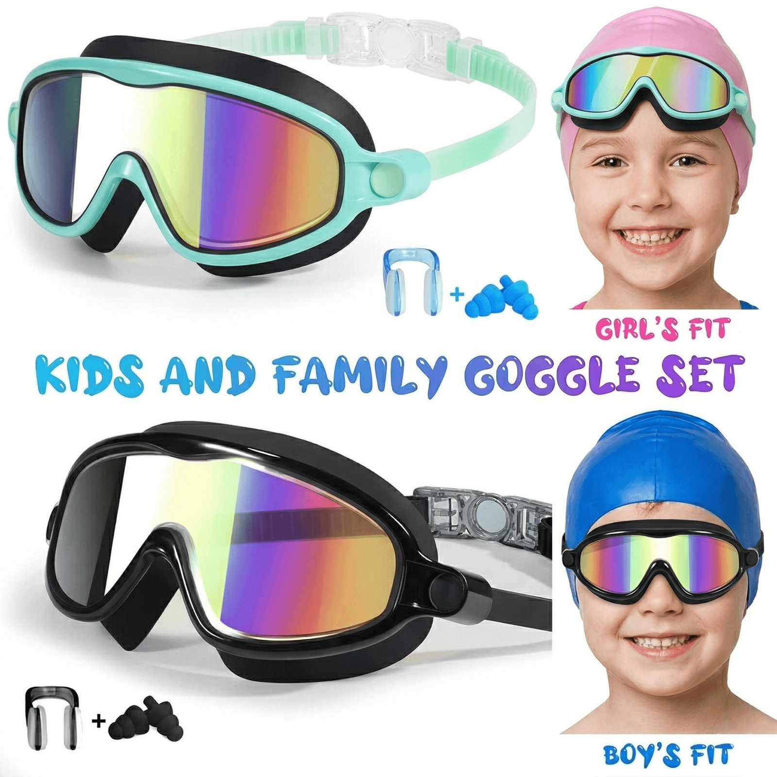 Kid’s Swim Goggles-2 Pack，Wide View Anti-Fog UV Protection Adjustable Strap