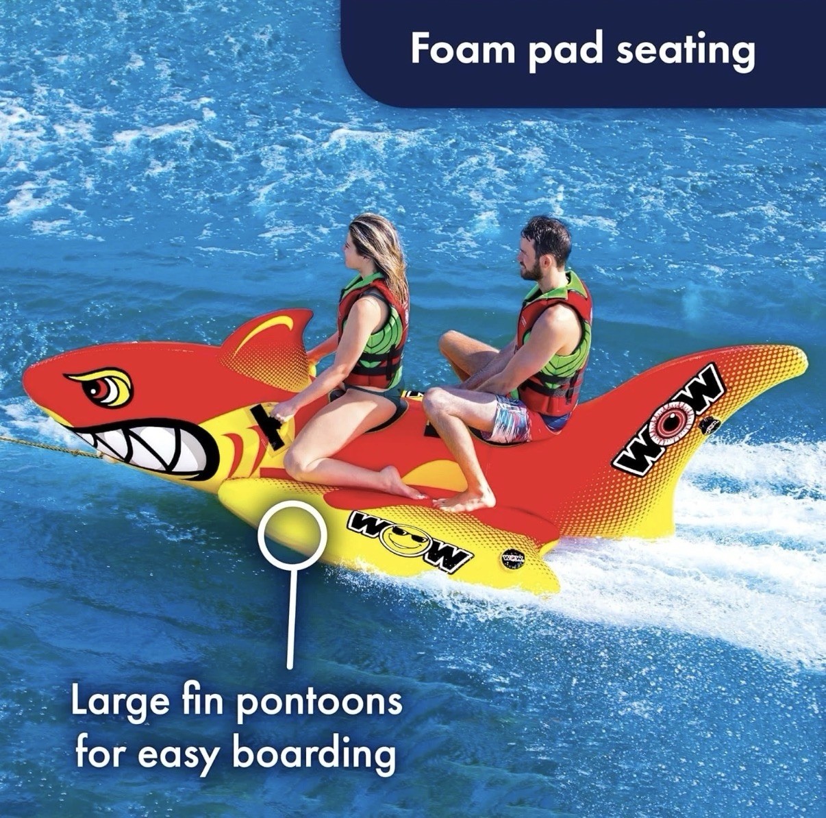 WOW Sports Big Shark Inflatable Towable Tube for Boating 2-Person