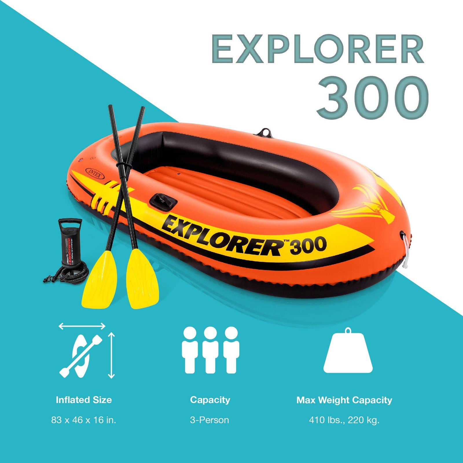 Intex Explorer 300, 3-Person Inflatable Boat Set with French Oars and High
