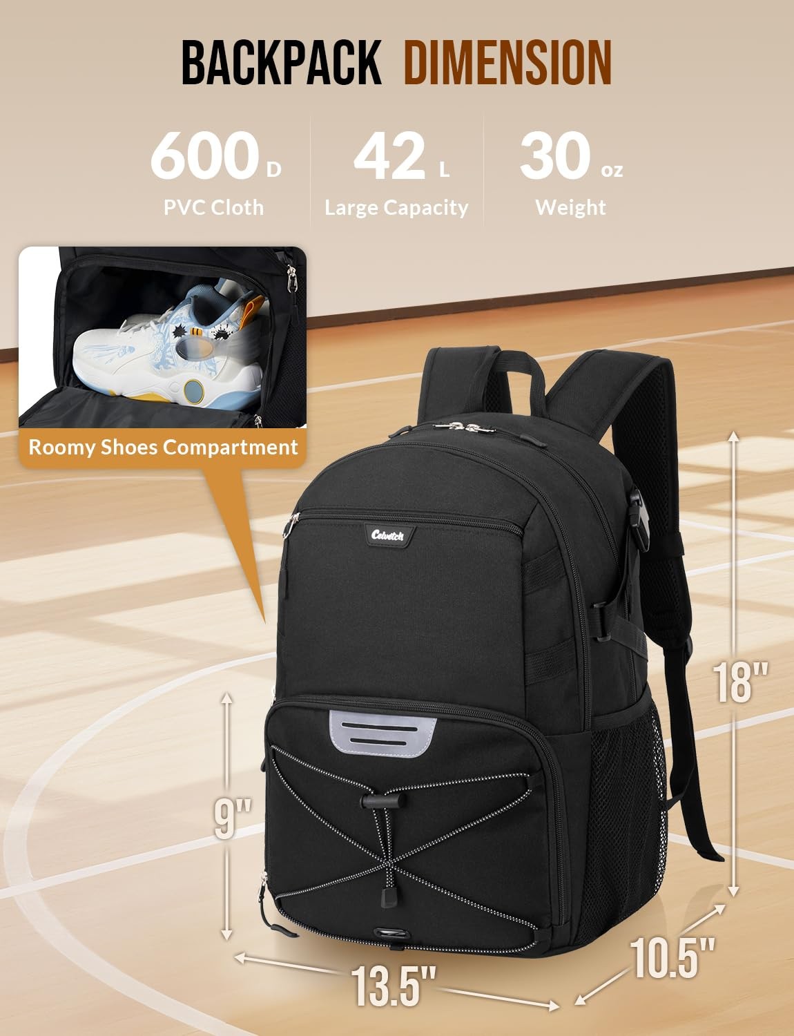 Celvetch Basketball Backpack with Shoe Compartment Large One Size, Black