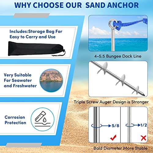 Sand Anchor for Boat, Beach Anchor Boat 36inch 2 Pack Chromium-Plated Steel