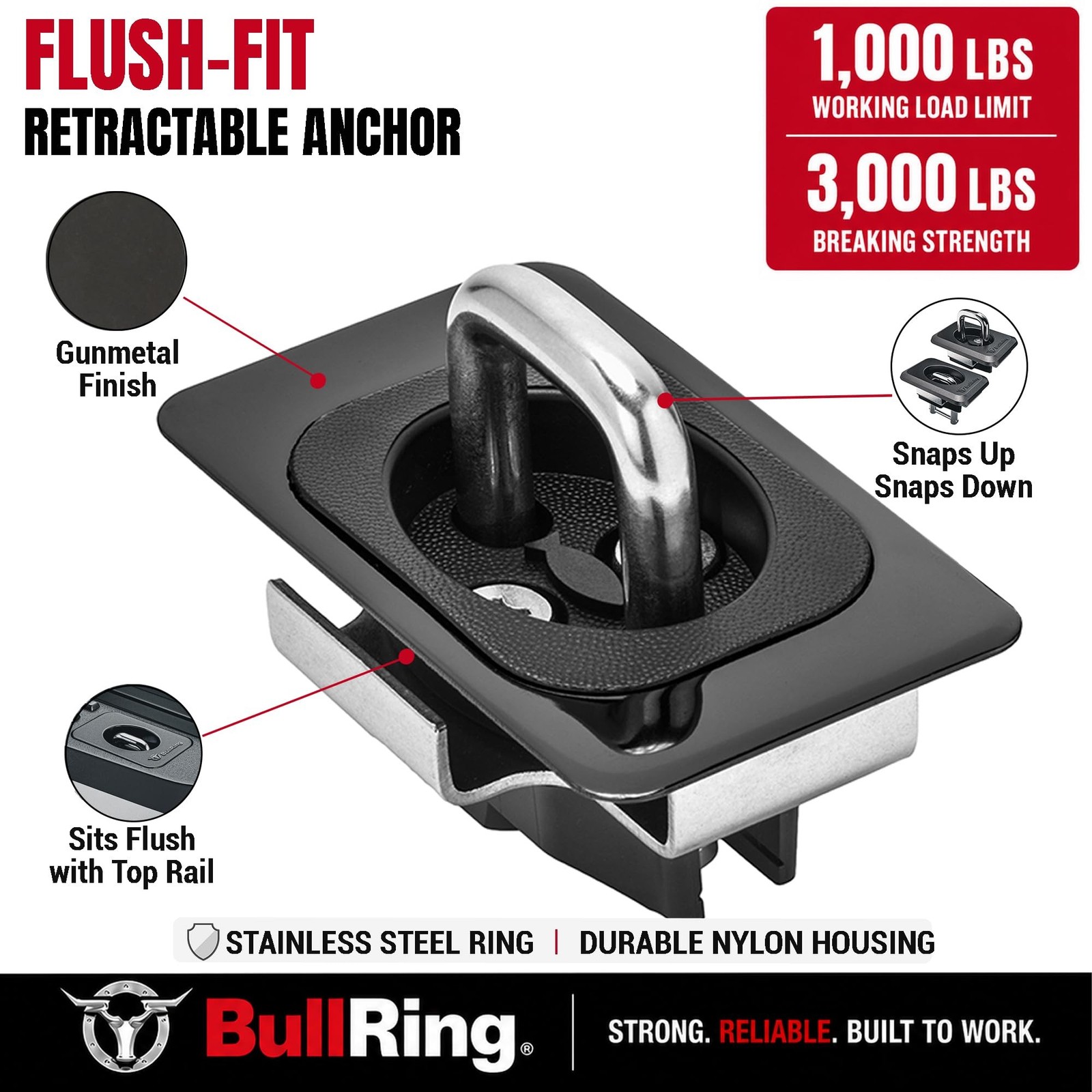 BullRing Stainless Steel Retractable Tie Down Anchors for Truck Bed – Flus