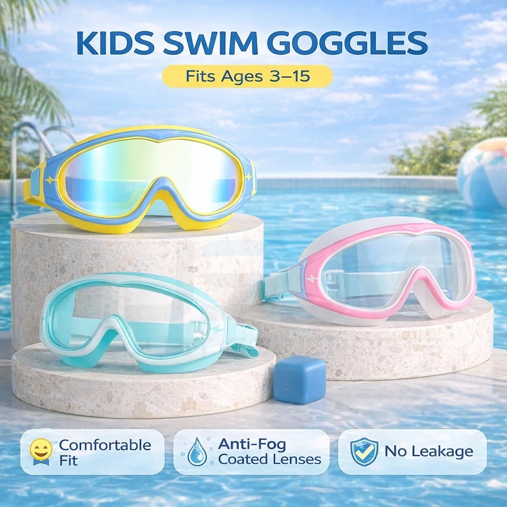 Swimming Goggles for Boys & Girls (3-15 Years) – Big Frame HD View, Anti-Fog