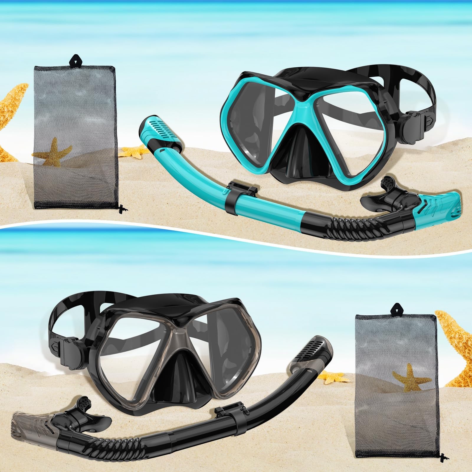 2 Pack Snorkeling Gear for Adults, Dry Snorkel, Mask Set Adult, Gray+Green