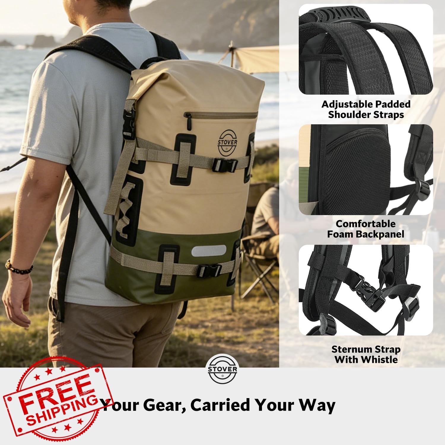 STOVER 30L Waterproof Dry Backpack Tan/Army Green/Brown