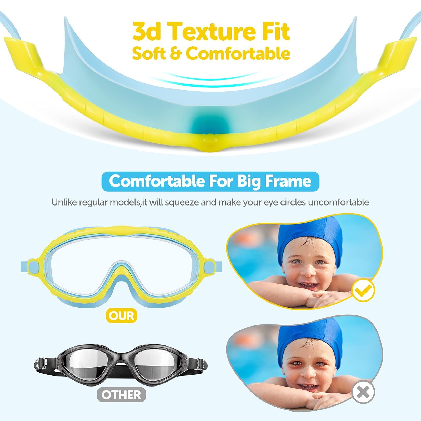 Portzon Wide View Swim Goggles, Unisex-Child Anti Fog Clear No Leaking Swimmi…