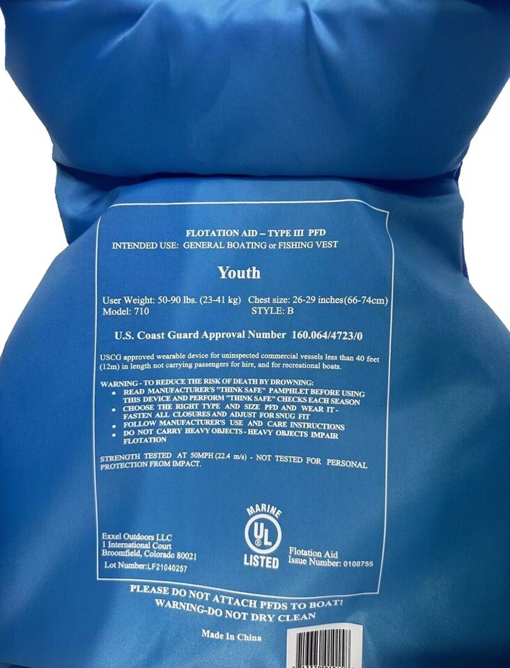X2O Life Jacket Vest Youth 50-90 Pounds Model 710 Exxel Outdoors PFD Type III