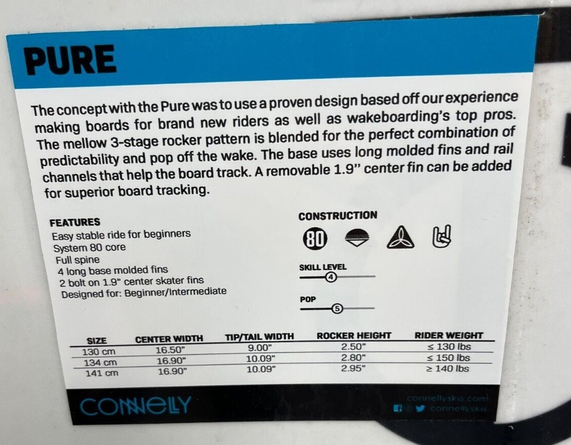 $320 Connelly Pure Wakeboard NIB Size 130 or 134 or 141 cm Men’s Sealed 2023