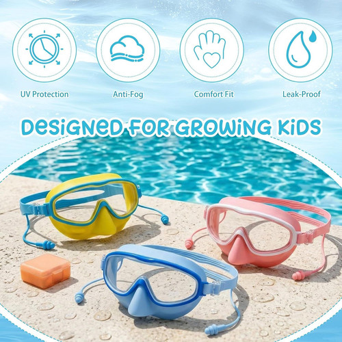 Tellegloww 3 Pack Kid Swim Goggles with Nose Cover Wide Yellow, Pink, Blue