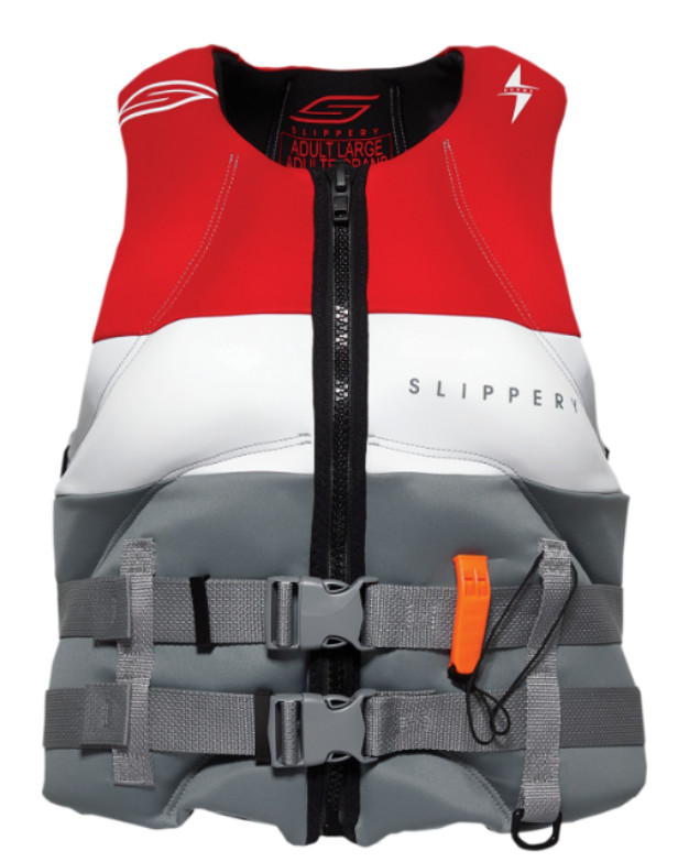 SLIPPERY SURGE PFD NEOPRENE LIFE VEST PRESERVER WHISTLE USCGA CHARCOAL/RED LG