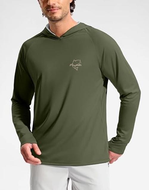 Men’s Sun Protection Hoodie Shirts UPF 50+ Long Sleeve Large Army Green/Fish